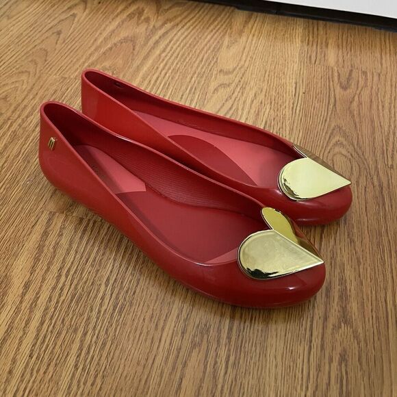 Melissa Red gold heart jelly Valentine space love slip on rubber flats size US 8 - Picture 2 of 8